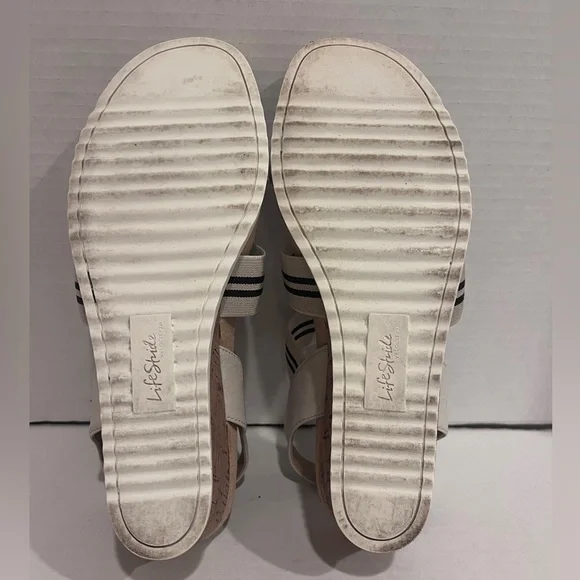Life Stride Cream/Black Strappy Stretch Slip-in Platform Open Toe Sandals Sz 9 - Picture 14 of 14
